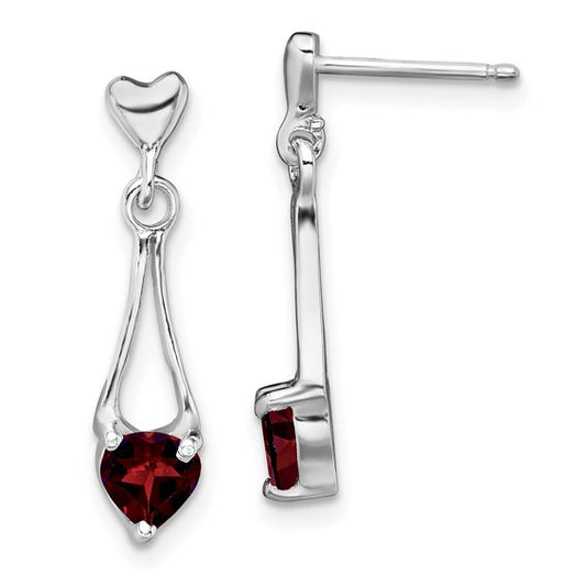 Sterling Silver Rhodium Plated Natural Garnet Heart Dangle Earrings