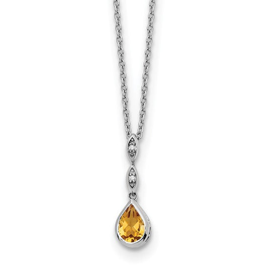 White Ice Sterling Silver White Gold Plated Natural Citrine & Diamond Tear Drop Chain & Pendant Set