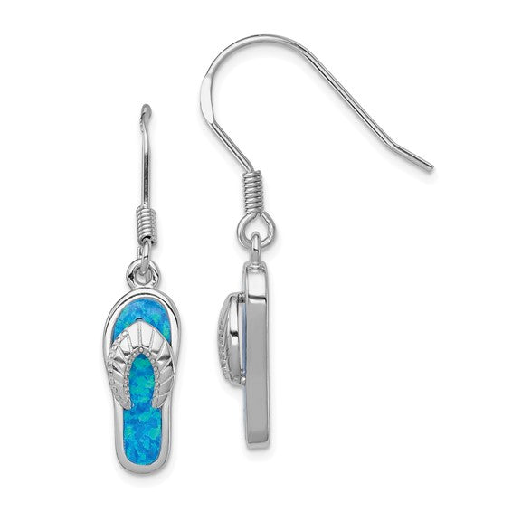 Sterling Silver White Gold Plated Lab Created Blue Opal Flip Flop Drop Earrings