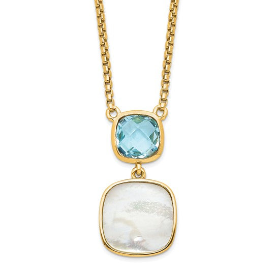 Gold Filled Sterling Silver Blue Topaz & Mother Of Pearl Bezel Necklace