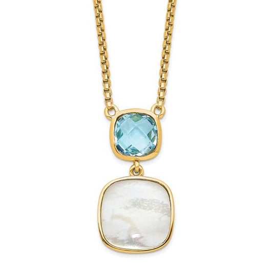 Gold Filled Sterling Silver Blue Topaz & Mother Of Pearl Bezel Necklace