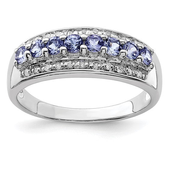 White Gold Filled Sterling Silver Natural Tanzanite & Diamond Band Ring
