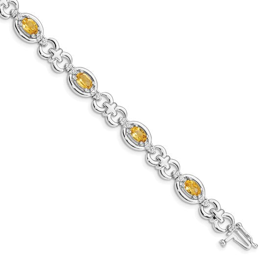 White Gold Plated Sterling Silver Natural Citrine & Diamond Link Gemstone Bracelet