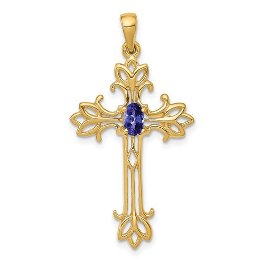 10K Yellow Gold Tanzanite Cross Pendant