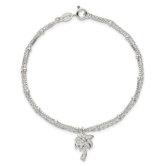Sterling Silver Palm Tree Double Stand CZ Bracelet