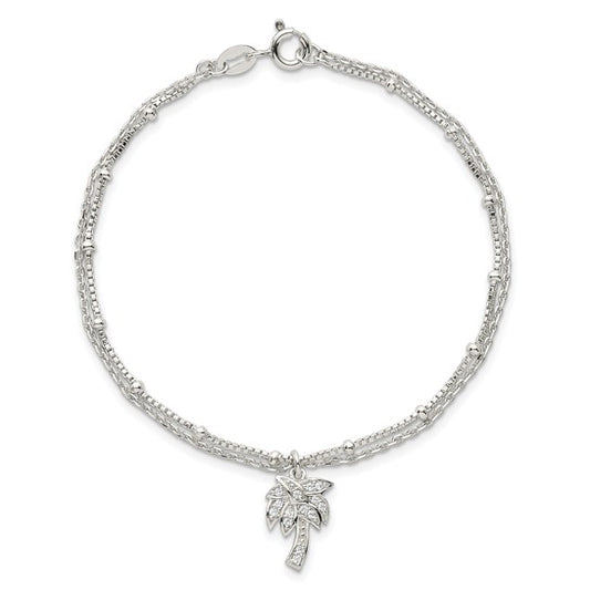 Sterling Silver Palm Tree Double Stand CZ Bracelet