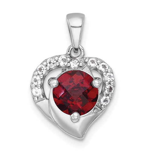 Sterling Silver Hanging Heart Circle Cut Natural Garnet & White Topaz Pendant