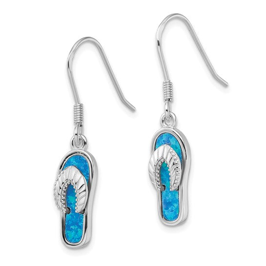 Sterling Silver White Gold Plated Lab Created Blue Opal Flip Flop Drop Earrings