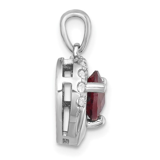 Sterling Silver Hanging Heart Circle Cut Natural Garnet & White Topaz Pendant