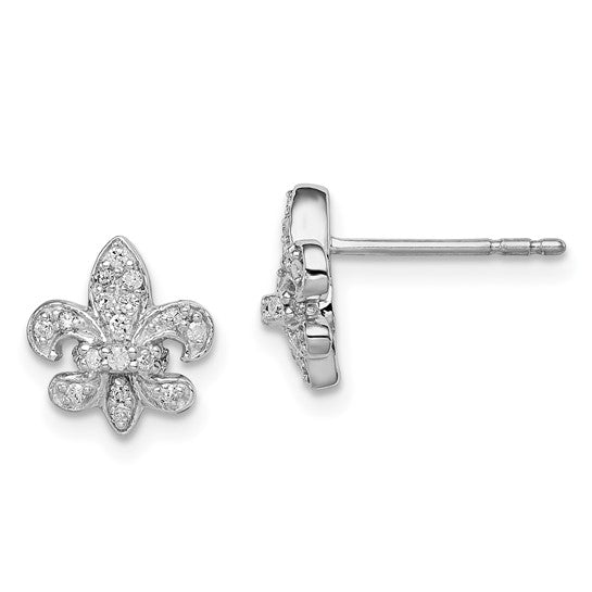 White Gold Filled Sterling Silver Diamond Fleur De Lis Earrings