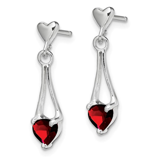 Sterling Silver Rhodium Plated Natural Garnet Heart Dangle Earrings