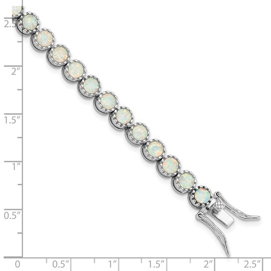 Sterling Silver White Gold Plated Beaded Lab Created Opal Inlay Bracelet