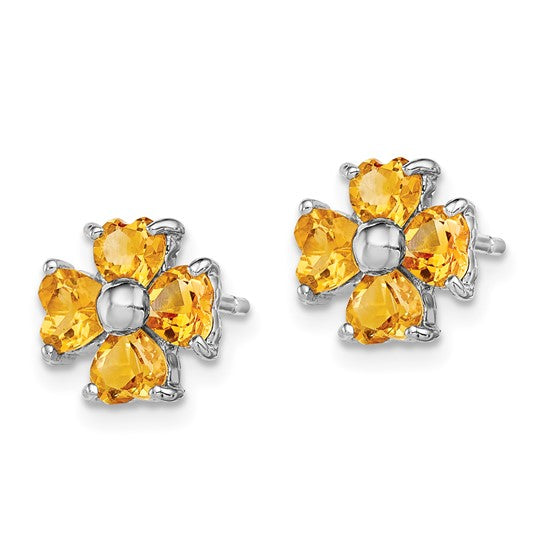 Sterling Silver White Gold Plated Natural Citrine Flower Birthstone Earrings