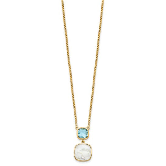 Gold Filled Sterling Silver Blue Topaz & Mother Of Pearl Bezel Necklace