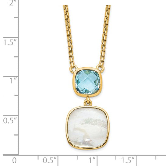 Gold Filled Sterling Silver Blue Topaz & Mother Of Pearl Bezel Necklace