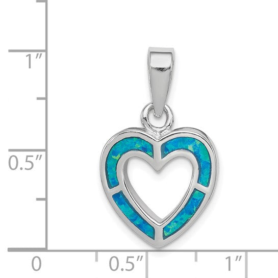 Sterling Silver White Gold Plated Open Heart Inlay Lab Created Blue Opal Pendant