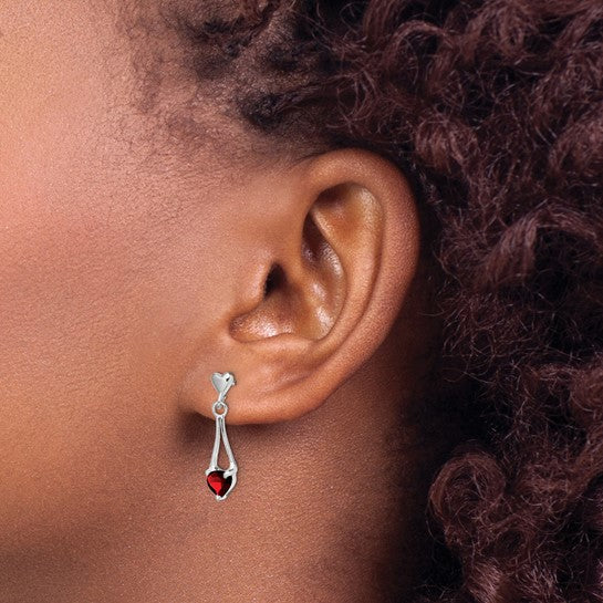 Sterling Silver Rhodium Plated Natural Garnet Heart Dangle Earrings
