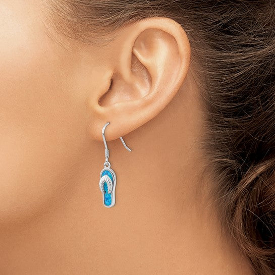 Sterling Silver White Gold Plated Lab Created Blue Opal Flip Flop Drop Earrings