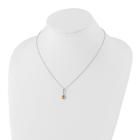 White Ice Sterling Silver White Gold Plated Natural Citrine & Diamond Tear Drop Chain & Pendant Set