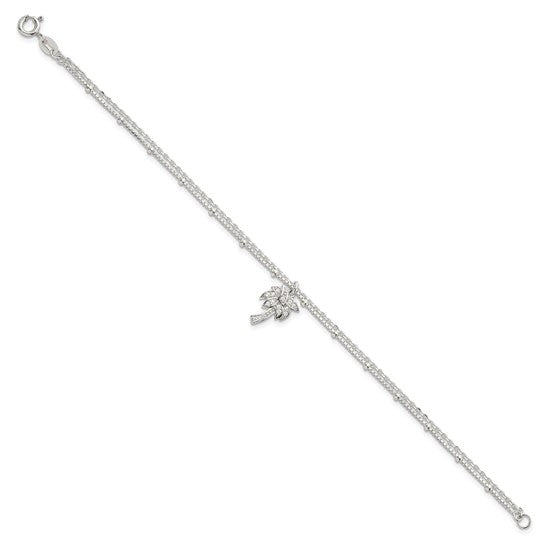 Sterling Silver Palm Tree Double Stand CZ Bracelet