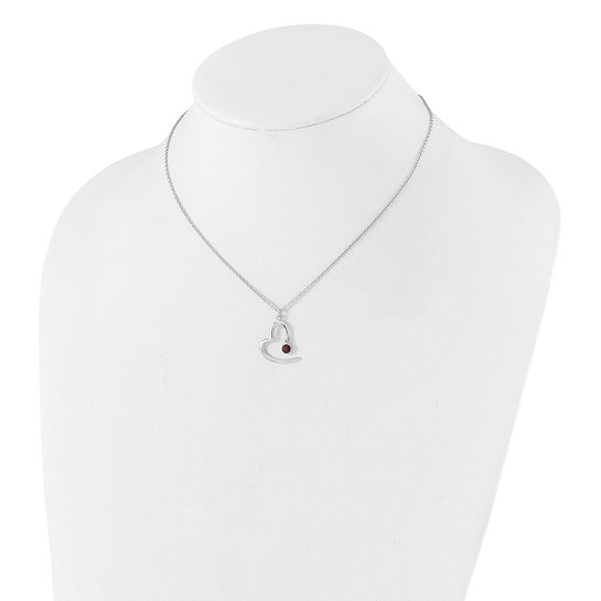 Sterling Silver Rhodium Plated Open Heart Natural Garnet Necklace