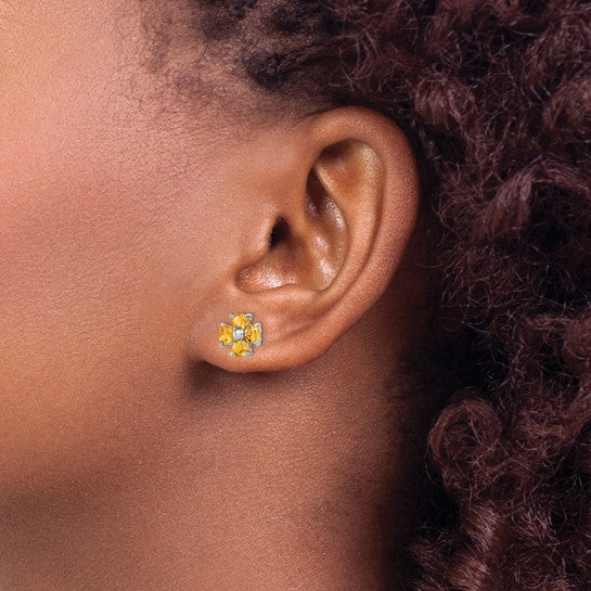Sterling Silver White Gold Plated Natural Citrine Flower Birthstone Earrings