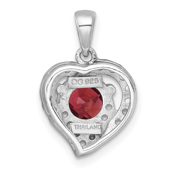 Sterling Silver Hanging Heart Circle Cut Natural Garnet & White Topaz Pendant