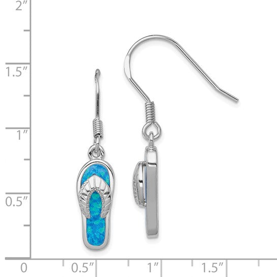 Sterling Silver White Gold Plated Lab Created Blue Opal Flip Flop Drop Earrings