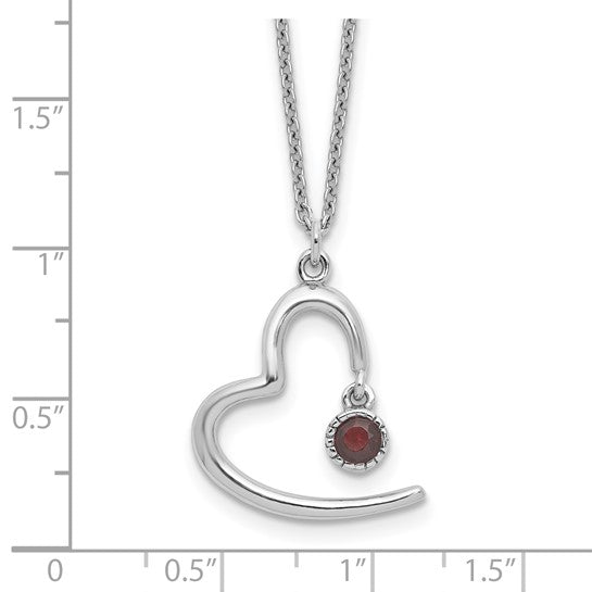 Sterling Silver Rhodium Plated Open Heart Natural Garnet Necklace