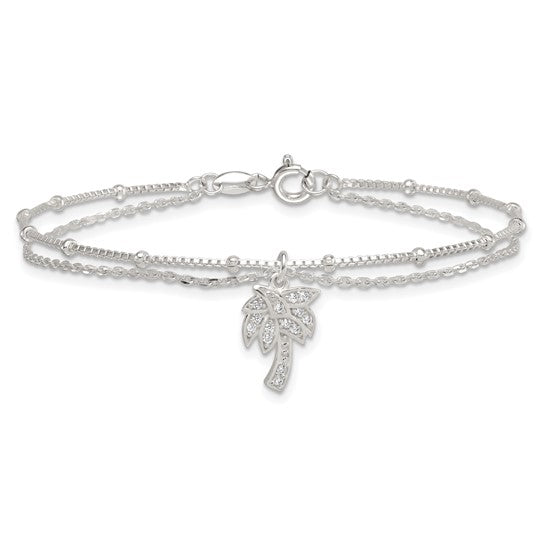 Sterling Silver Palm Tree Double Stand CZ Bracelet