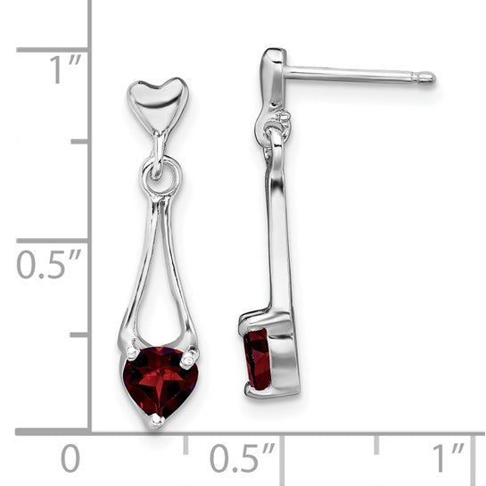 Sterling Silver Rhodium Plated Natural Garnet Heart Dangle Earrings