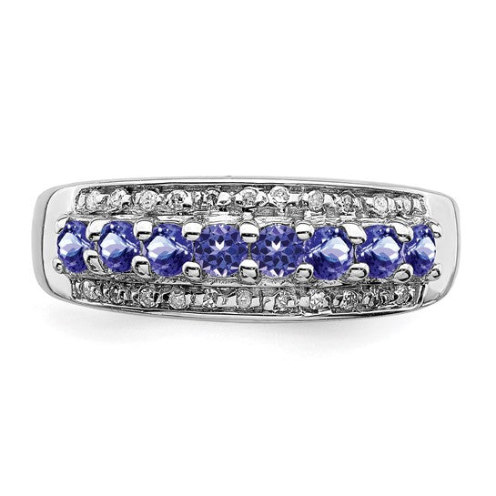 White Gold Filled Sterling Silver Natural Tanzanite & Diamond Band Ring