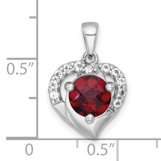 Sterling Silver Hanging Heart Circle Cut Natural Garnet & White Topaz Pendant
