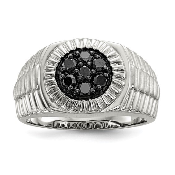 White Gold Filled Sterling Silver White & Black Diamond Men's Cluster Ring