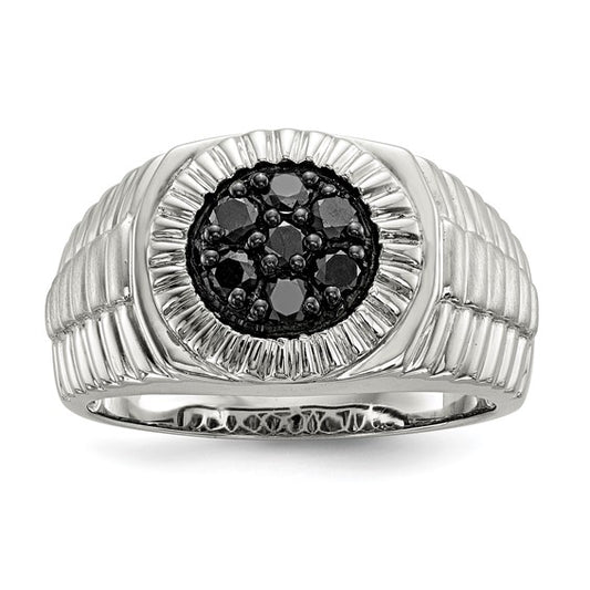 White Gold Filled Sterling Silver White & Black Diamond Men's Cluster Ring