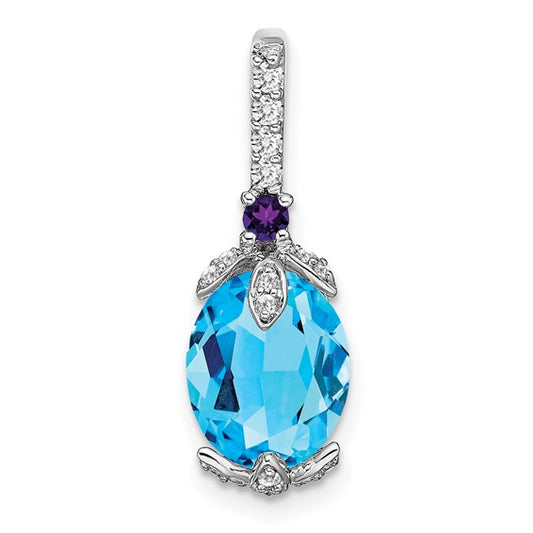 14K White Gold Blue Topaz Accented With Amethyst & Diamond Pendant