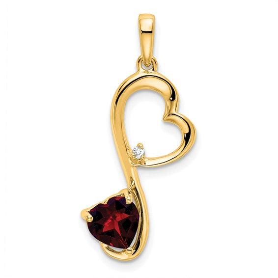 14K Yellow Gold Double Heart Dangle Pendant With Natural Garnet