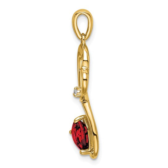 14K Yellow Gold Double Heart Dangle Pendant With Natural Garnet