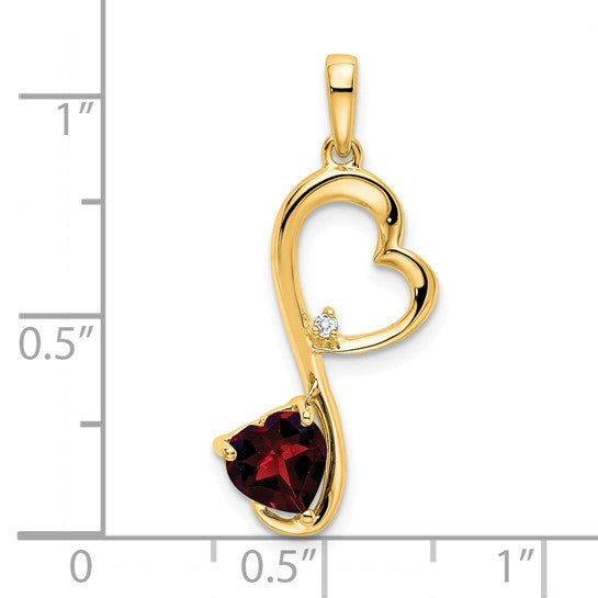 14K Yellow Gold Double Heart Dangle Pendant With Natural Garnet