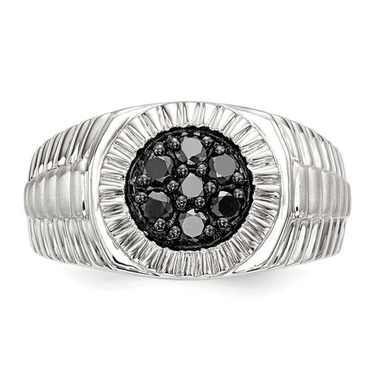 White Gold Filled Sterling Silver White & Black Diamond Men's Cluster Ring