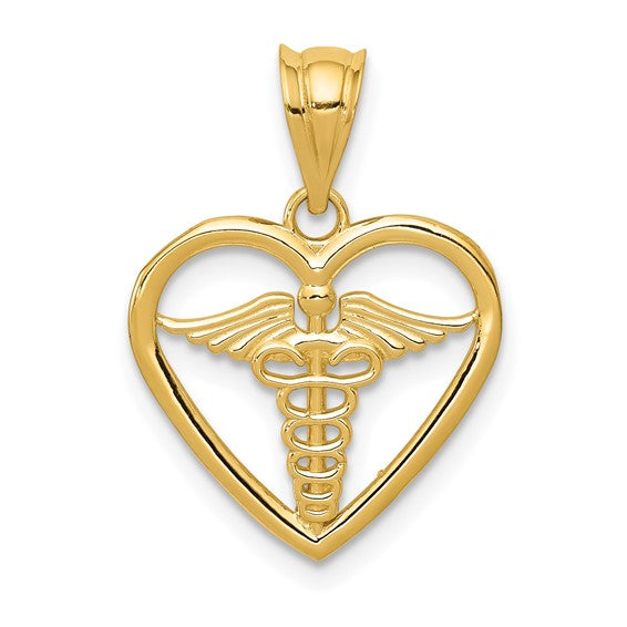 14K Yellow Gold Caduceus Heart Pendant