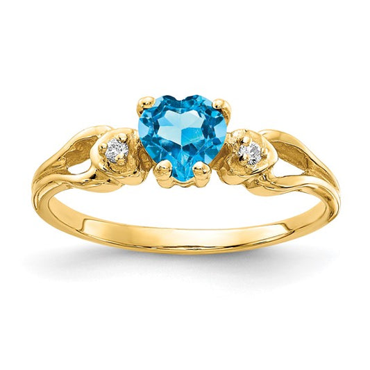 14K Yellow Gold Blue Topaz & Diamond Heart Cut Ring