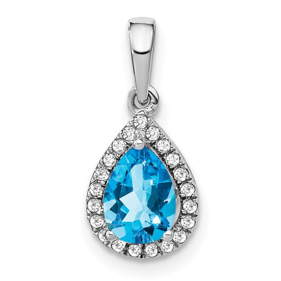 14K White Gold .75 carat Pear Cut Blue Topaz With Diamond Halo Pendant