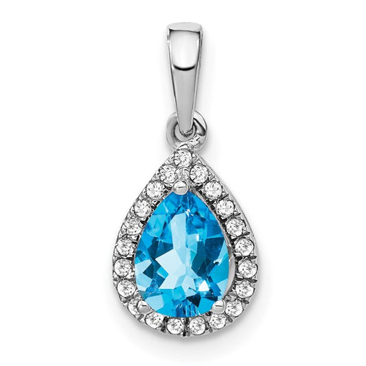 14K White Gold .75 carat Pear Cut Blue Topaz With Diamond Halo Pendant
