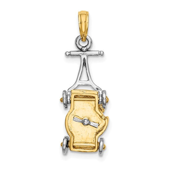 14K Two Tone Gold 3D Movable Landscapers Lawn Mower Pendant