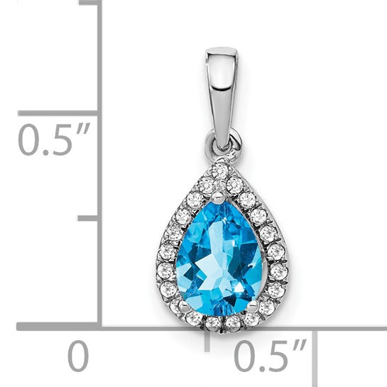 14K White Gold .75 carat Pear Cut Blue Topaz With Diamond Halo Pendant