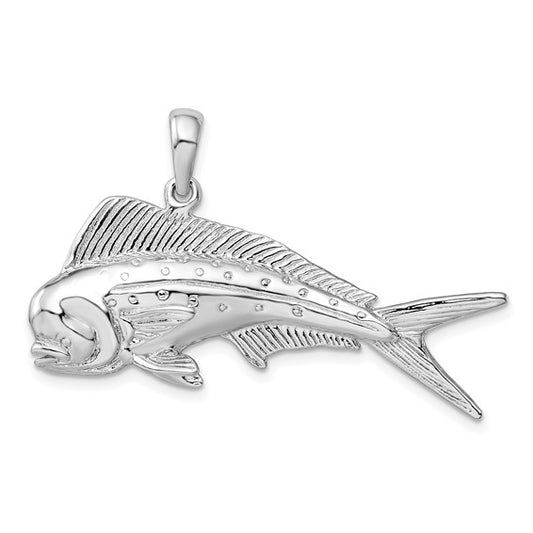 Sterling Silver Rhodium Plated Mahi-Mahi Fish 3D Pendant