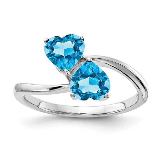 14K White Gold 1 Carat Double Heart Blue Topaz Ring