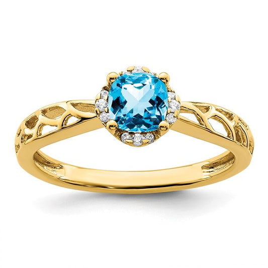14K Yellow Gold Blue Topaz Cut Out Ring With Diamond Halo