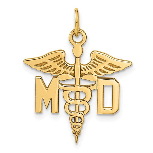 14K Yellow Gold MD Medical Doctor Winged Caduceus Pendant